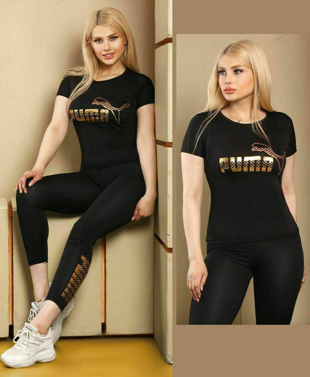 ست تیشرت و شلوار زنانه ورزشی طرح پوما تک رنگ مشکی عبیرشاپ